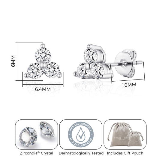 Silver Plated Three Stone Earrings Created with Zircondia® Crystals - Philip Jones Jewellery