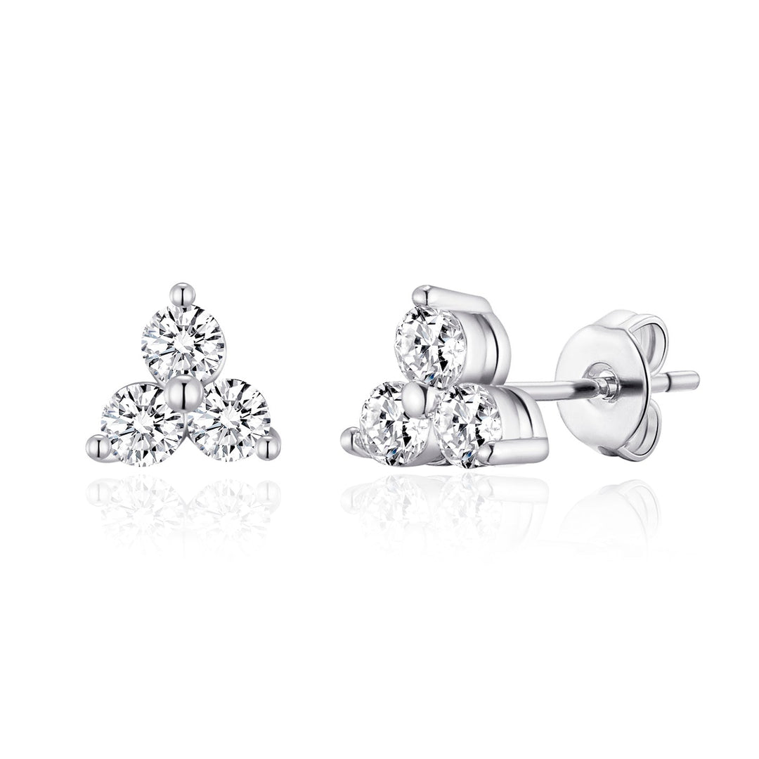 Silver Plated Three Stone Earrings Created with Zircondia® Crystals - Philip Jones Jewellery