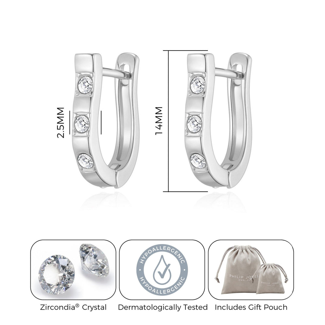Silver Plated Three Stone Hoop Earrings Created with Zircondia® Crystals - Philip Jones Jewellery