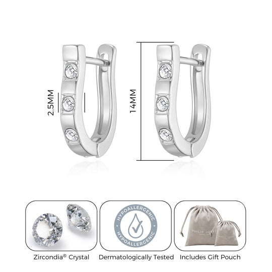 Silver Plated Three Stone Hoop Earrings Created with Zircondia® Crystals - Philip Jones Jewellery