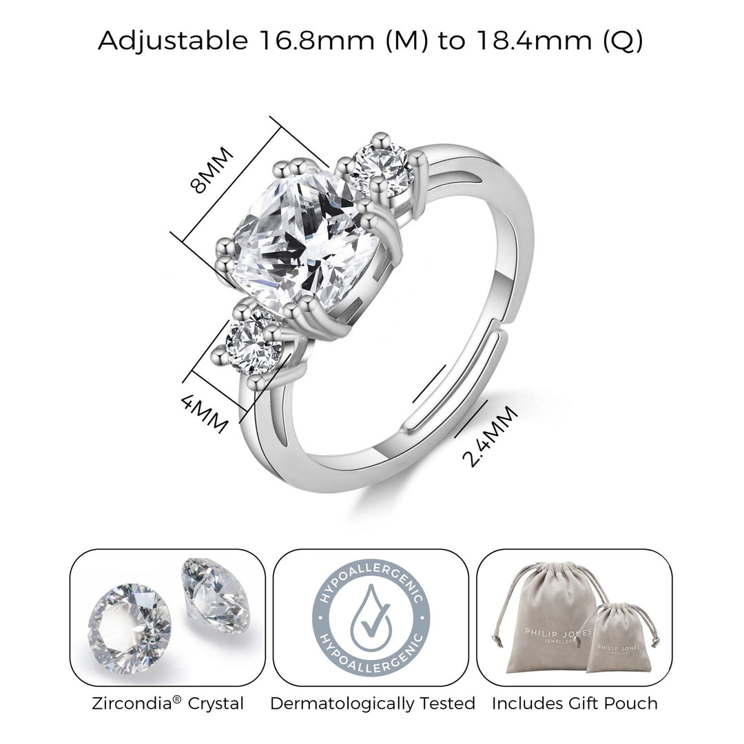 Silver Plated Three Stone Ring Created with Zircondia® Crystals - Philip Jones Jewellery