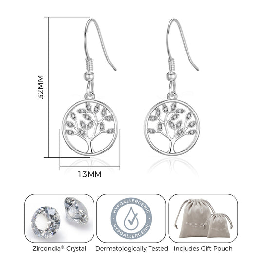 Silver Plated Tree of Life Drop Earrings Created with Crystals from Zircondia® - Philip Jones Jewellery
