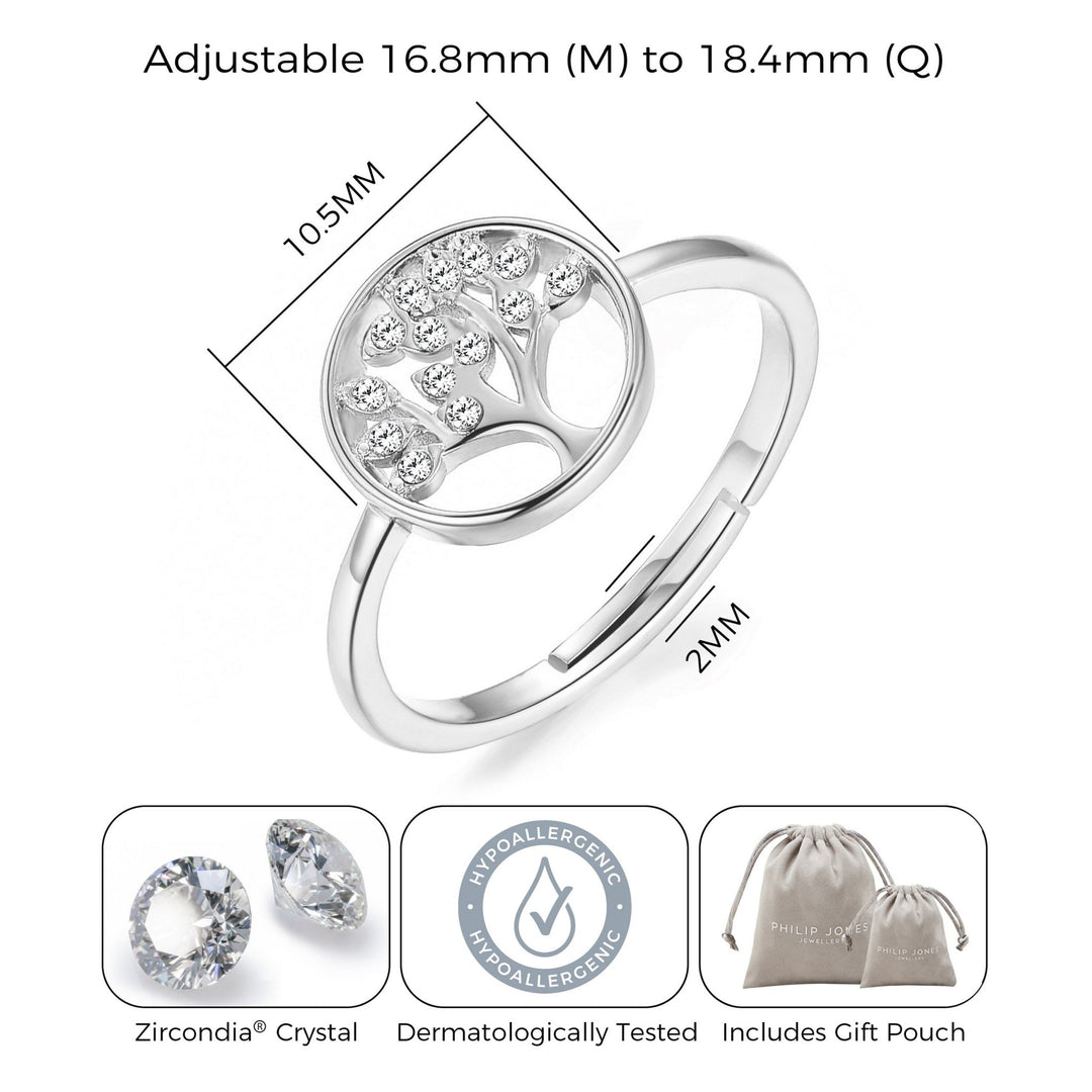 Silver Plated Tree of Life Ring Created with Zircondia® Crystals - Philip Jones Jewellery