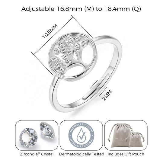 Silver Plated Tree of Life Ring Created with Zircondia® Crystals - Philip Jones Jewellery