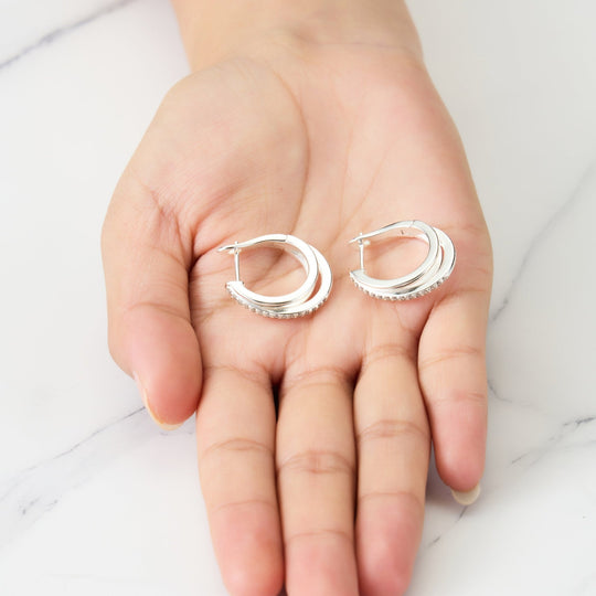 Silver Plated Triple Illusion Hoop Earrings Created with Zircondia® Crystals - Philip Jones Jewellery