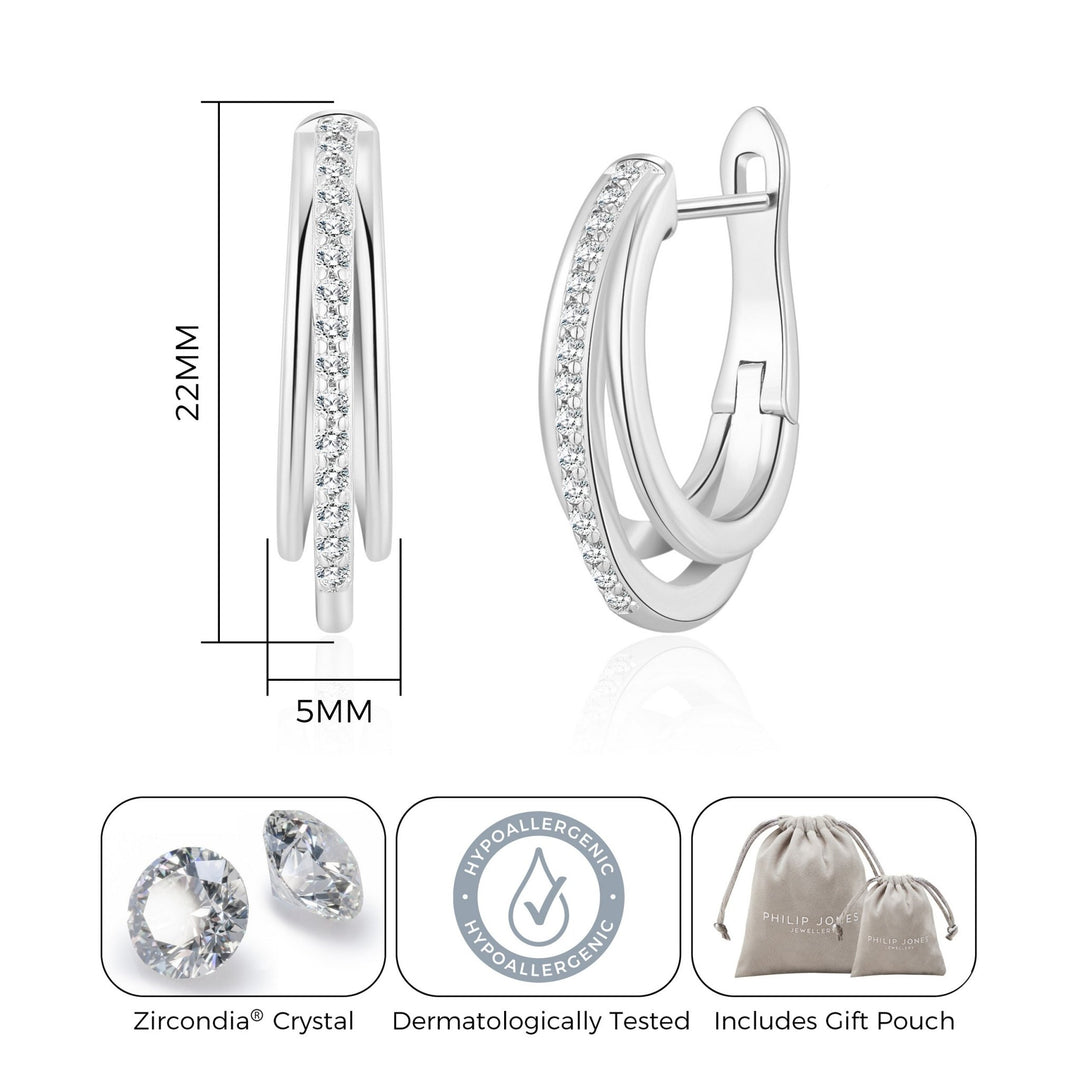 Silver Plated Triple Illusion Hoop Earrings Created with Zircondia® Crystals - Philip Jones Jewellery