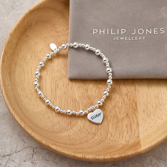Sister Heart Charm Beaded Stretch Bracelet - Philip Jones Jewellery
