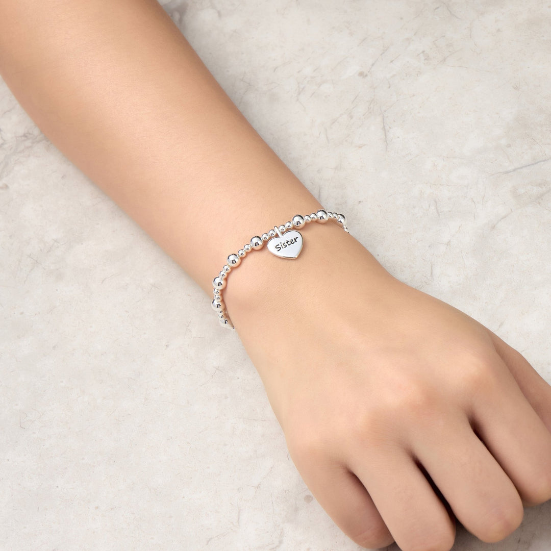 Sister Heart Charm Beaded Stretch Bracelet - Philip Jones Jewellery
