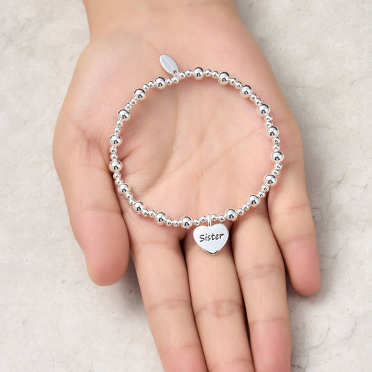 Sister Heart Charm Beaded Stretch Bracelet - Philip Jones Jewellery