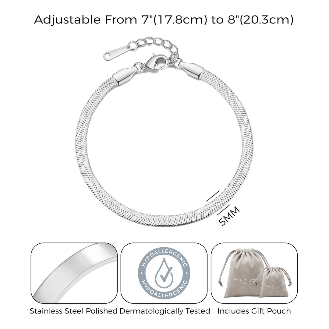 Stainless Steel Herringbone Flat Snake Chain Bracelet - Philip Jones Jewellery