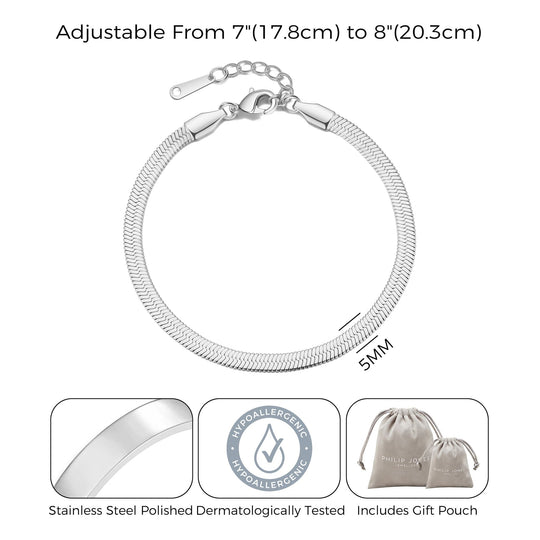 Stainless Steel Herringbone Flat Snake Chain Bracelet - Philip Jones Jewellery