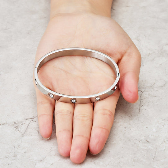 Stainless Steel Stud Bangle Created with Zircondia® Crystals (7 Inch) - Philip Jones Jewellery