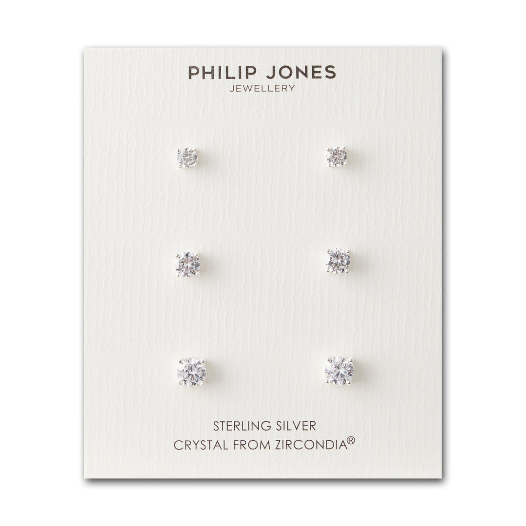 Sterling Silver 3 Pack of 4, 5, and 6mm Earrings Created with Zircondia® Crystals - Philip Jones Jewellery