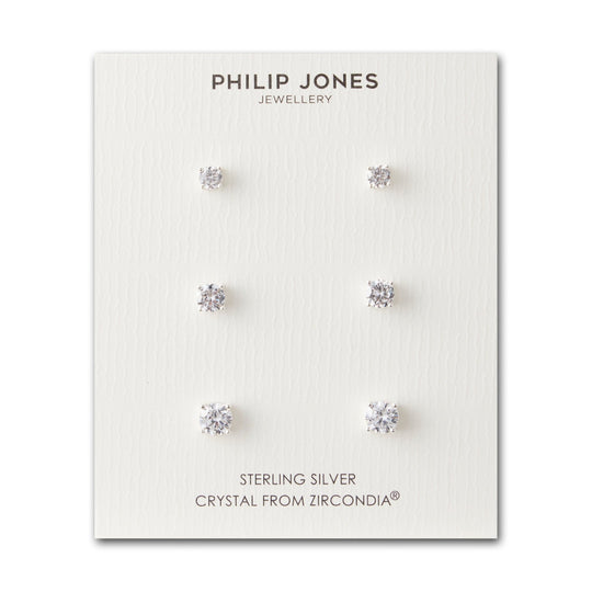 Sterling Silver 3 Pack of 4, 5, and 6mm Earrings Created with Zircondia® Crystals - Philip Jones Jewellery