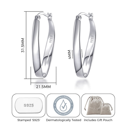 Sterling Silver 30mm Oval Hoop Earrings - Philip Jones Jewellery