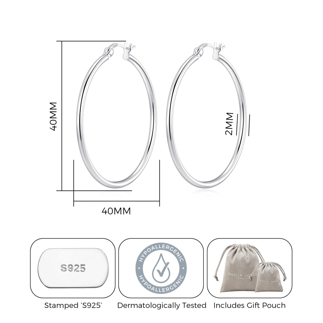 Sterling Silver 40mm Hoop Earrings - Philip Jones Jewellery