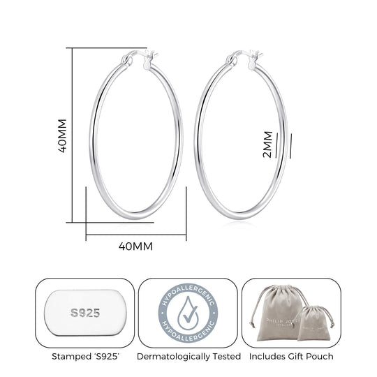 Sterling Silver 40mm Hoop Earrings - Philip Jones Jewellery