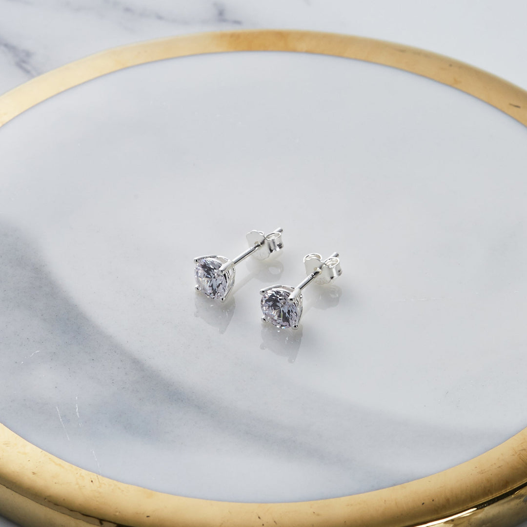 Sterling Silver 6mm Round Earrings Created with Zircondia® Crystals - Philip Jones Jewellery