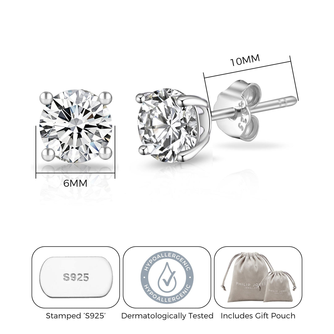 Sterling Silver 6mm Round Earrings Created with Zircondia® Crystals - Philip Jones Jewellery