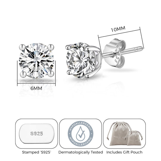 Sterling Silver 6mm Round Earrings Created with Zircondia® Crystals - Philip Jones Jewellery