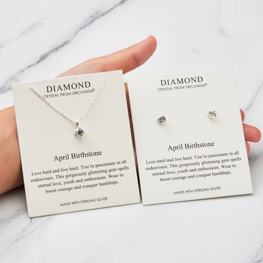 Sterling Silver April (Diamond) Birthstone Necklace & Earrings Set Created with Zircondia® Crystals - Philip Jones Jewellery
