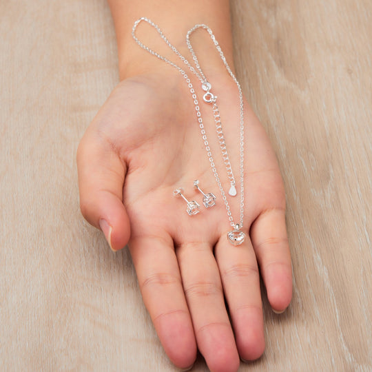 Sterling Silver April (Diamond) Birthstone Necklace & Earrings Set Created with Zircondia® Crystals - Philip Jones Jewellery
