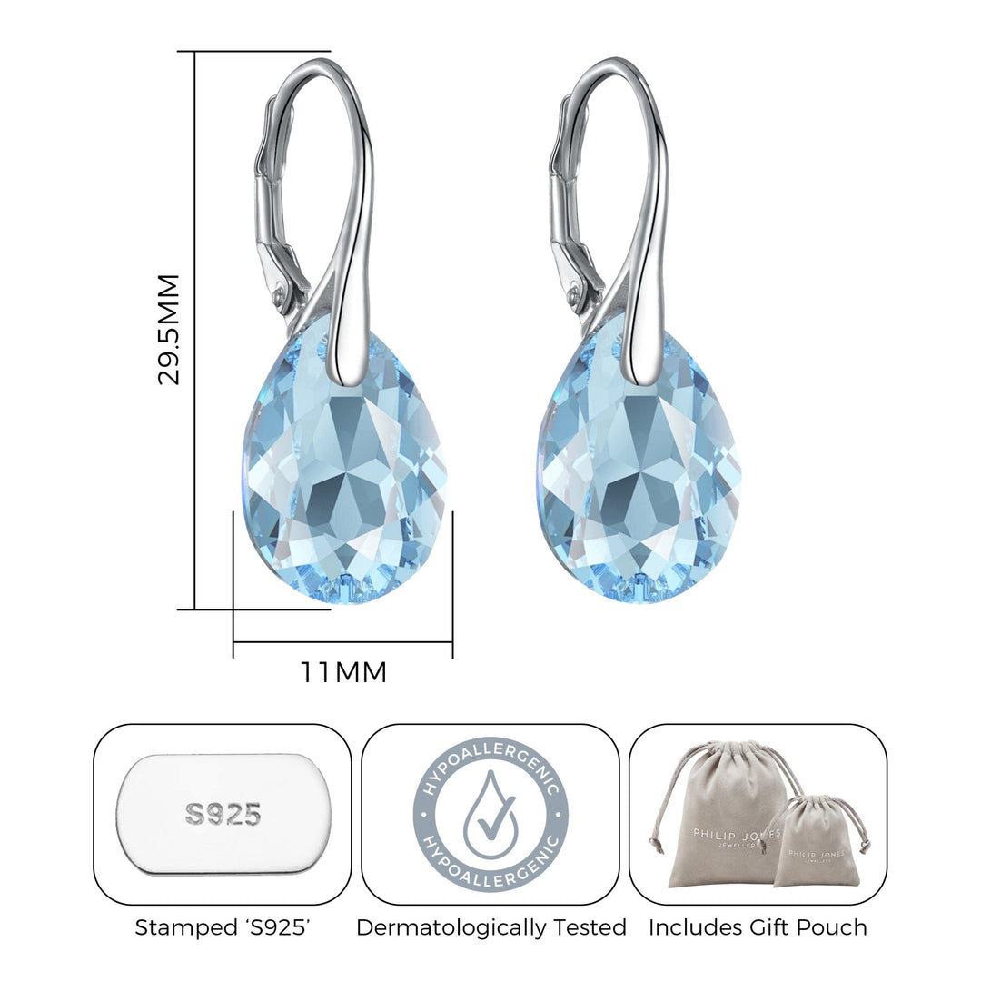 Sterling Silver Aquamarine Drop Earrings Created with Zircondia® Crystals - Philip Jones Jewellery