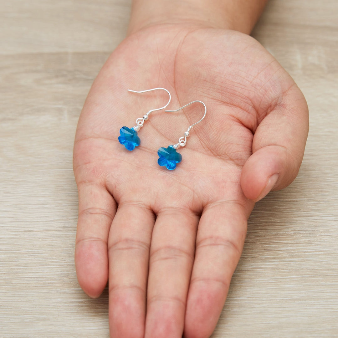 Sterling Silver Aquamarine Flower Earrings Created with Zircondia® Crystals - Philip Jones Jewellery