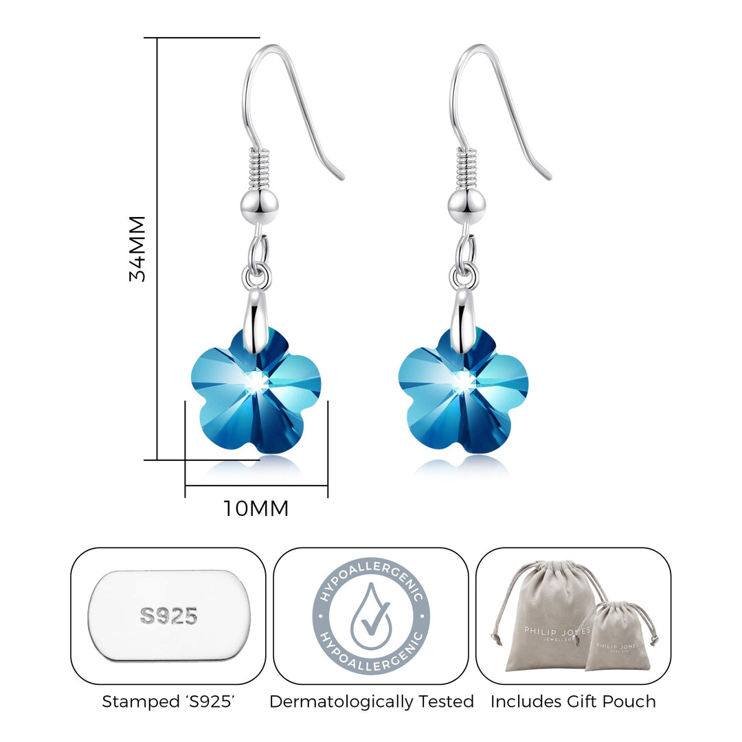 Sterling Silver Aquamarine Flower Earrings Created with Zircondia® Crystals - Philip Jones Jewellery