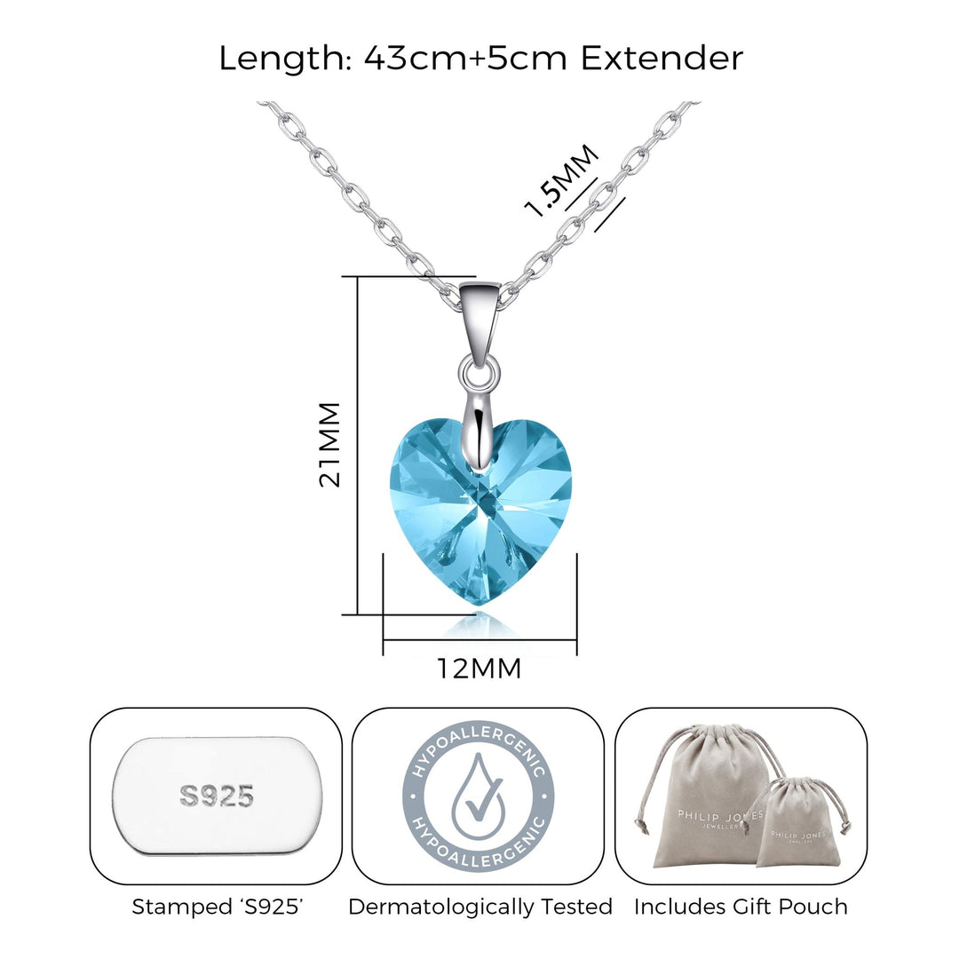 Sterling Silver Aquamarine Heart Necklace Created with Zircondia® Crystals - Philip Jones Jewellery