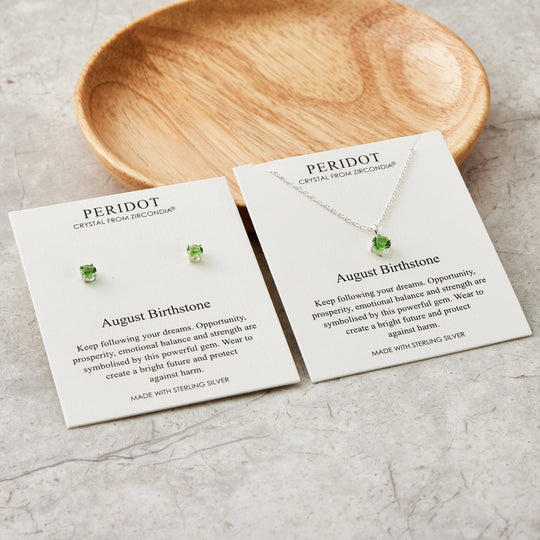 Sterling Silver August (Peridot) Birthstone Necklace & Earrings Set Created with Zircondia® Crystals - Philip Jones Jewellery