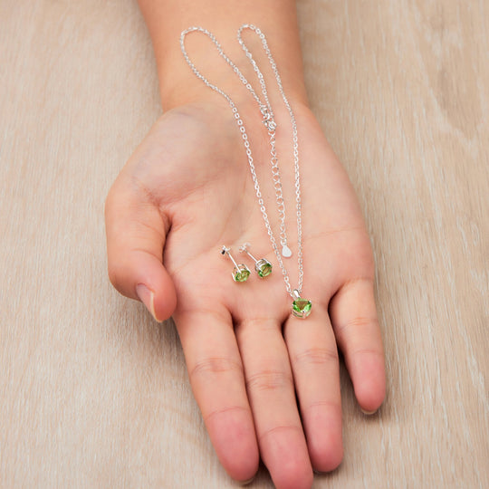 Sterling Silver August (Peridot) Birthstone Necklace & Earrings Set Created with Zircondia® Crystals - Philip Jones Jewellery