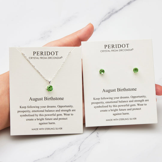 Sterling Silver August (Peridot) Birthstone Necklace & Earrings Set Created with Zircondia® Crystals - Philip Jones Jewellery