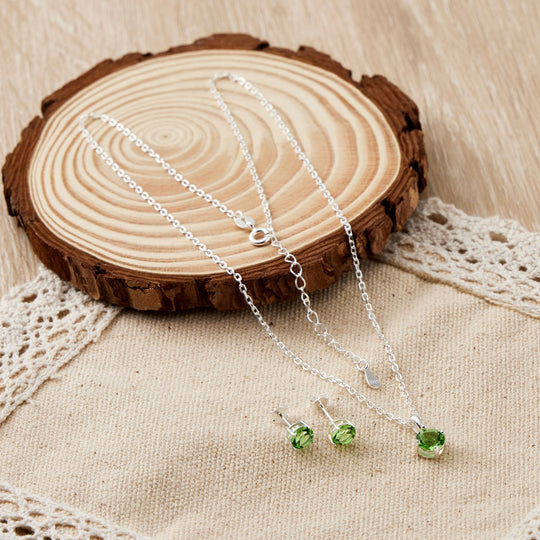Sterling Silver August (Peridot) Birthstone Necklace & Earrings Set Created with Zircondia® Crystals - Philip Jones Jewellery