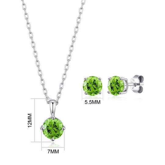 Sterling Silver August (Peridot) Birthstone Necklace & Earrings Set Created with Zircondia® Crystals - Philip Jones Jewellery