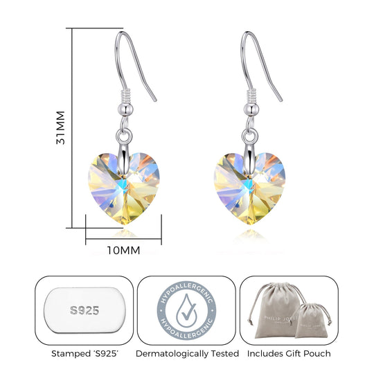 Sterling Silver Aurora Borealis Heart Earrings Created with Zircondia® Crystals - Philip Jones Jewellery