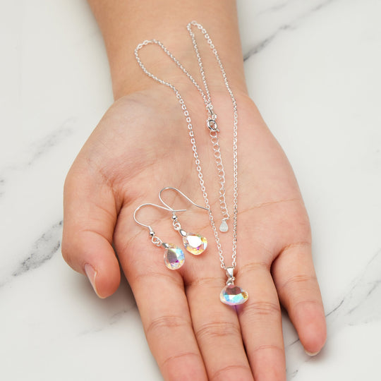 Sterling Silver Aurora Borealis Pear Set Created with Zircondia® Crystals - Philip Jones Jewellery