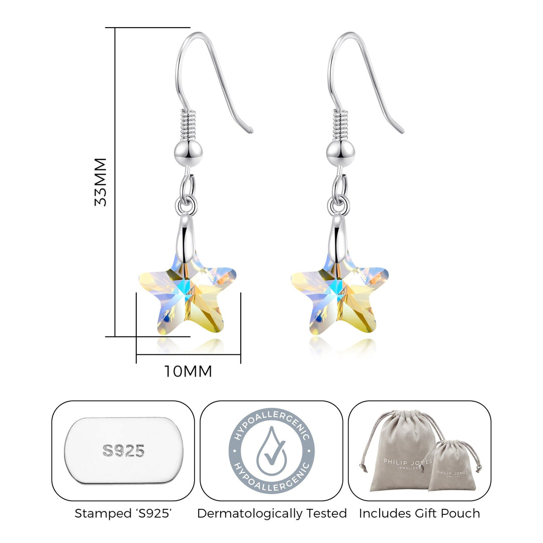 Sterling Silver Aurora Borealis Star Earrings Created with Zircondia® Crystals - Philip Jones Jewellery
