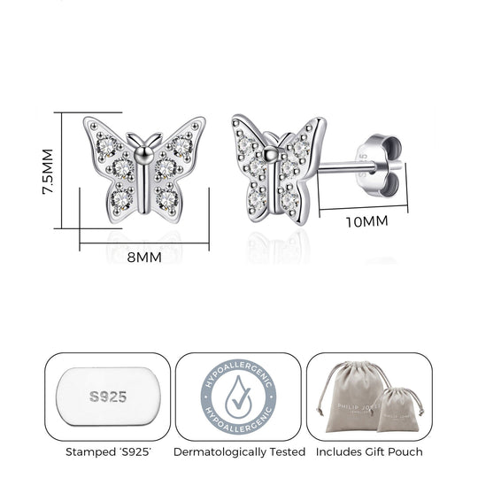 Sterling Silver Butterfly Earrings Created with Zircondia® Crystals - Philip Jones Jewellery