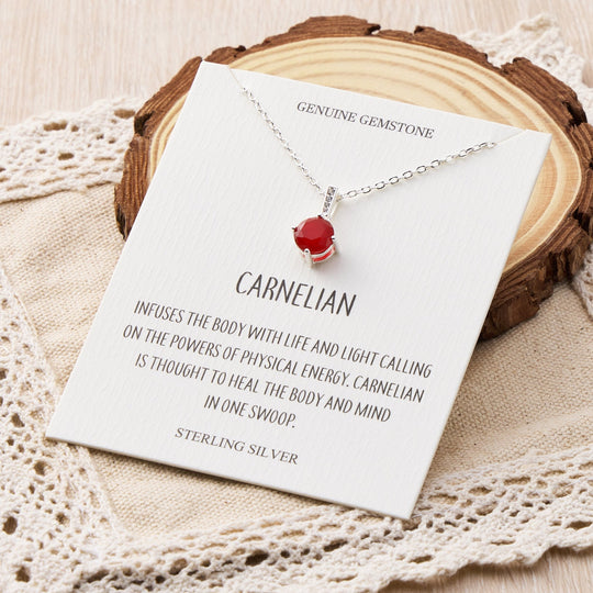 Sterling Silver Carnelian Gemstone Necklace with Quote Card - Philip Jones Jewellery