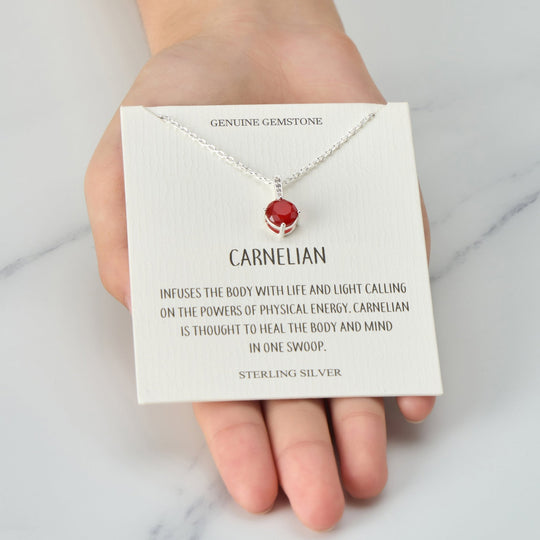 Sterling Silver Carnelian Gemstone Necklace with Quote Card - Philip Jones Jewellery