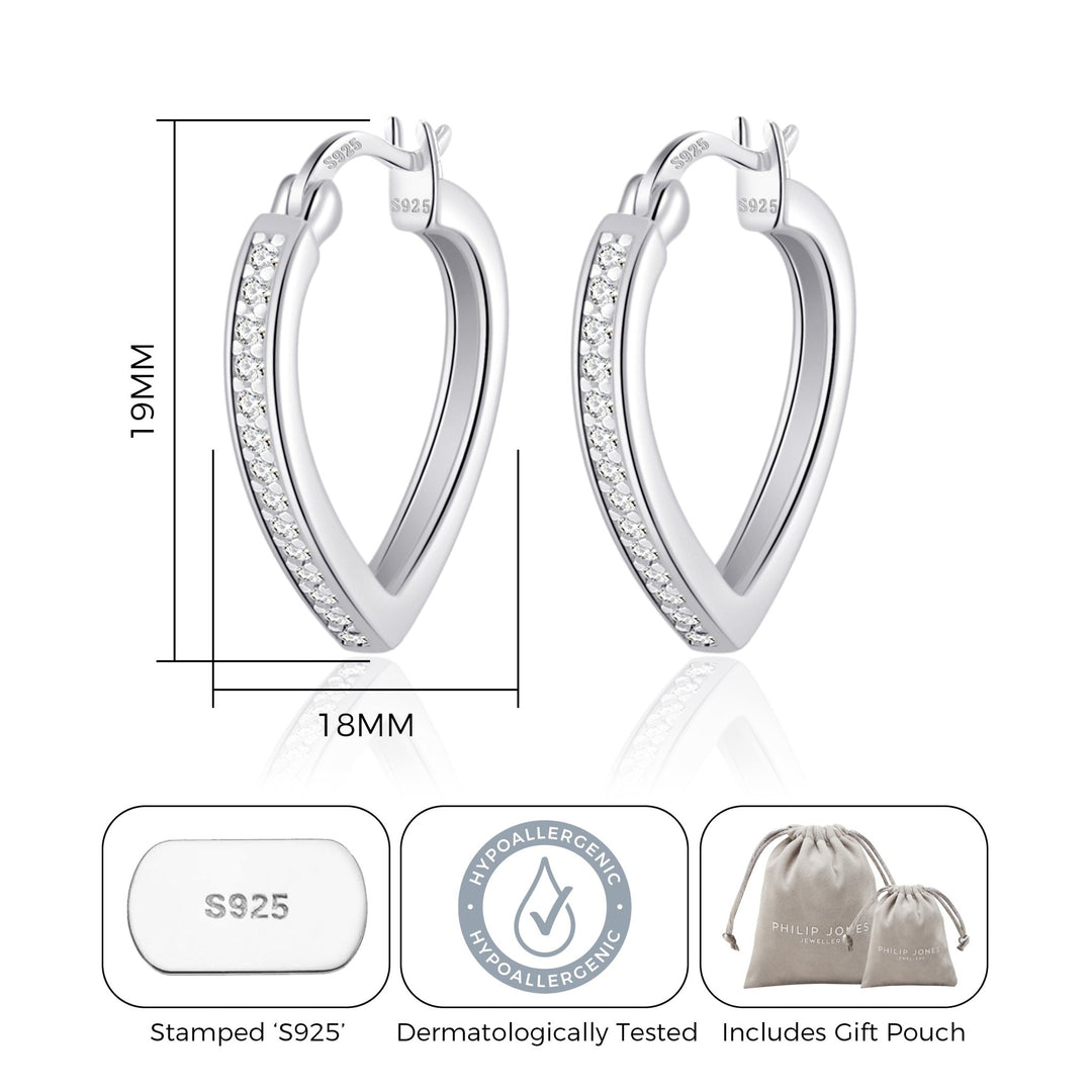 Sterling Silver Crystal Heart Hoop Earrings Created with Zircondia® Crystals - Philip Jones Jewellery