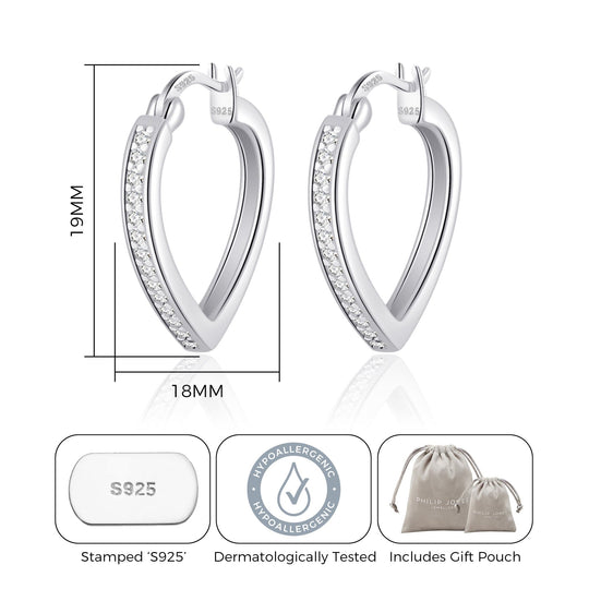 Sterling Silver Crystal Heart Hoop Earrings Created with Zircondia® Crystals - Philip Jones Jewellery