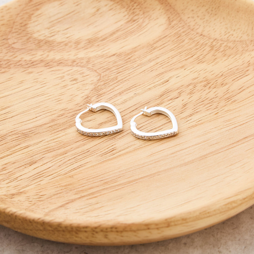 Sterling Silver Crystal Heart Hoop Earrings Created with Zircondia® Crystals - Philip Jones Jewellery