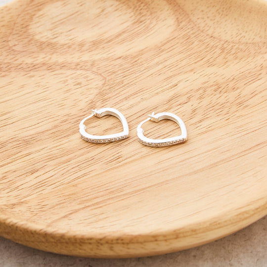 Sterling Silver Crystal Heart Hoop Earrings Created with Zircondia® Crystals - Philip Jones Jewellery