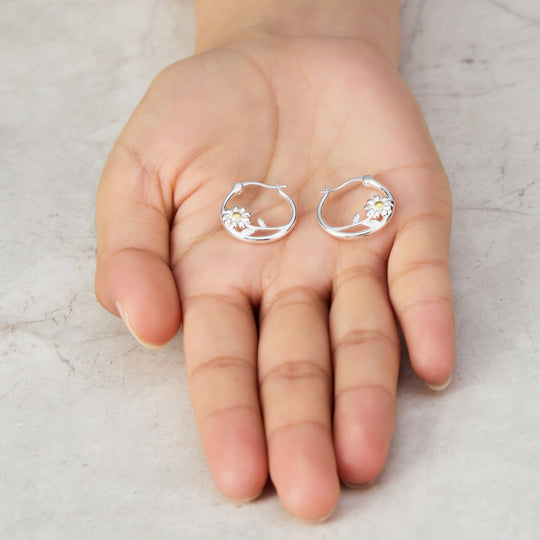 Sterling Silver Daisy Hoop Earrings - Philip Jones Jewellery