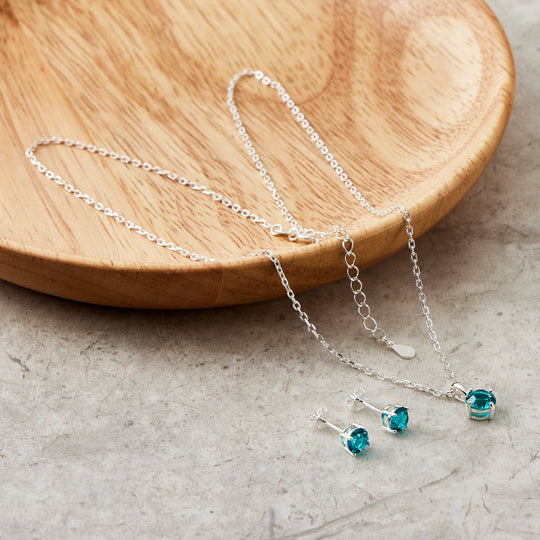 Sterling Silver December (Blue Topaz) Birthstone Necklace & Earrings Set Created with Zircondia® Crystals - Philip Jones Jewellery