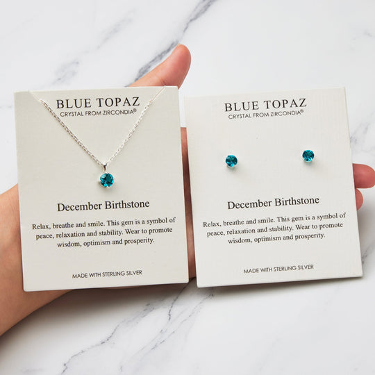 Sterling Silver December (Blue Topaz) Birthstone Necklace & Earrings Set Created with Zircondia® Crystals - Philip Jones Jewellery