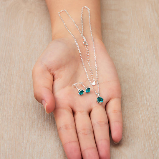 Sterling Silver December (Blue Topaz) Birthstone Necklace & Earrings Set Created with Zircondia® Crystals - Philip Jones Jewellery