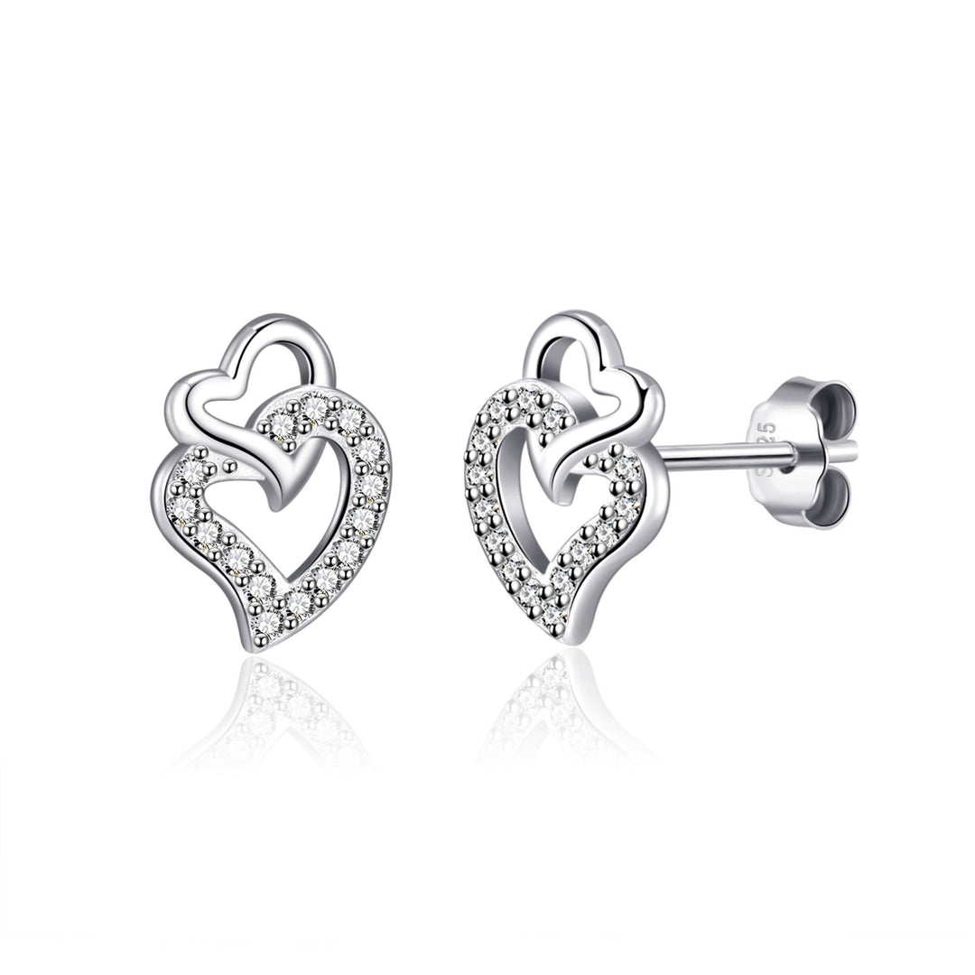 Sterling Silver Double Heart Earrings Created with Zircondia® Crystals - Philip Jones Jewellery